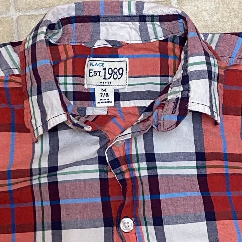 Place Kids Red and Blue Plaid Button Down Shirt Size M 5/8